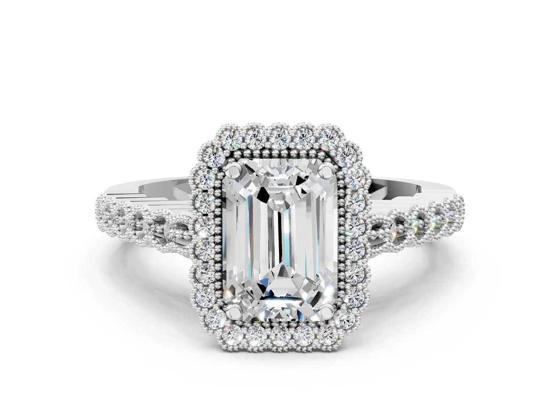 White gold Emerald Cut Cut Halo Pavé Solitaire Ring with Milgrain Band_7