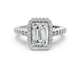White gold Emerald Cut Cut Halo Pavé Solitaire Ring with Milgrain Band_7