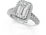 White gold Emerald Cut Cut Halo Pavé Solitaire Ring with Milgrain Band_8