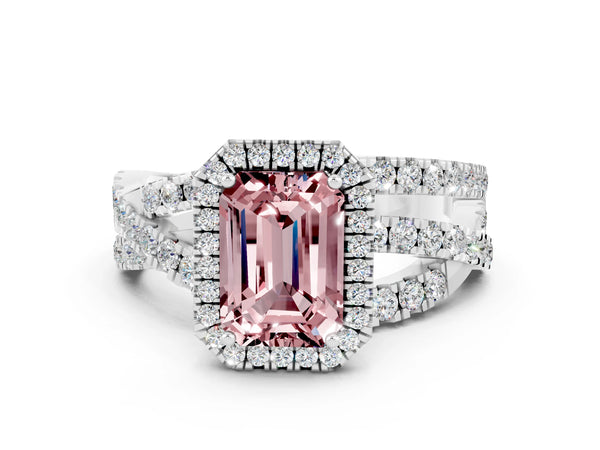 Platinum Emerald Cut Cut Halo Split Shank Prong Setting Ring