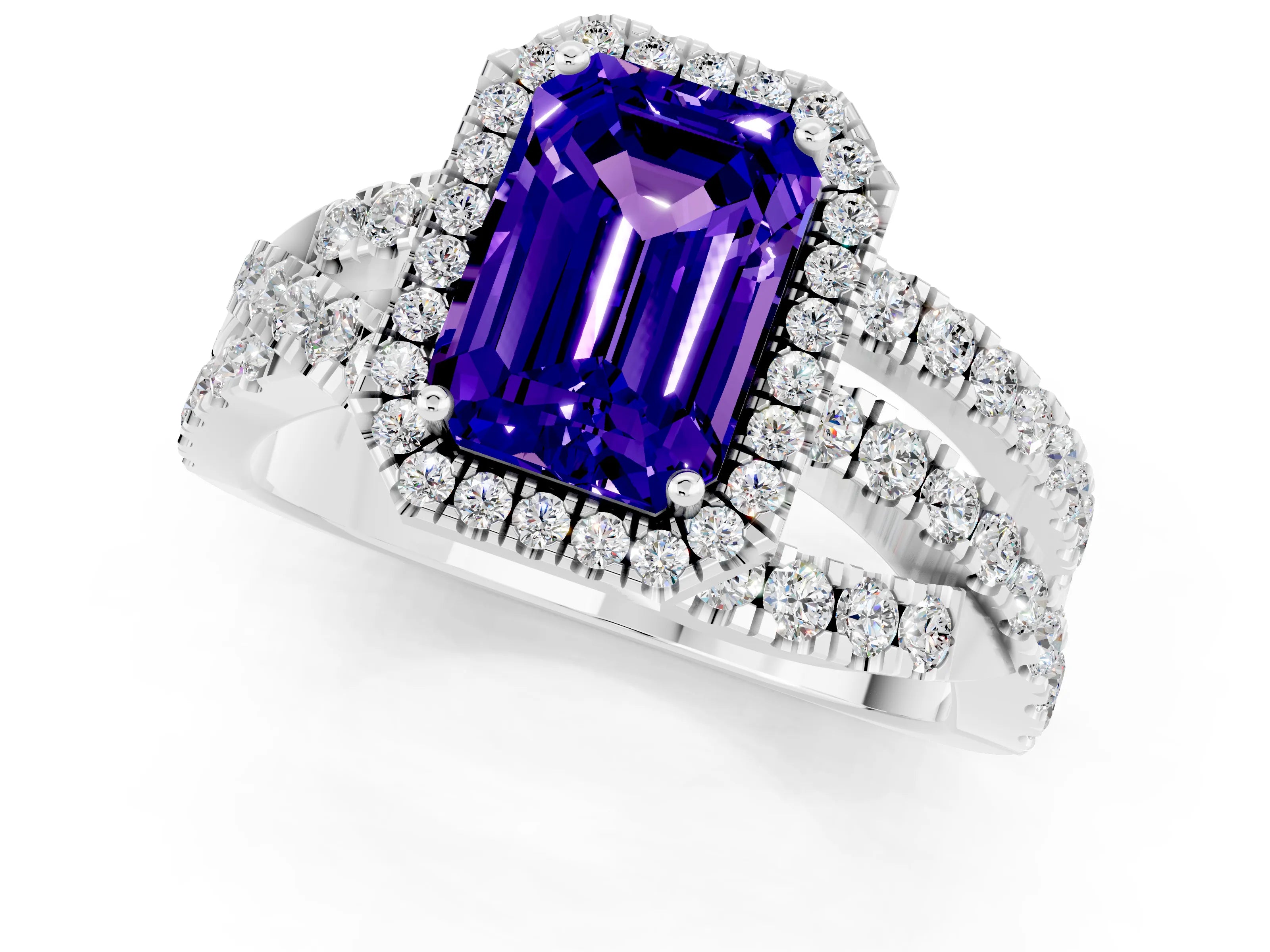 White gold Emerald Cut Cut Halo Split Shank Prong Setting Ring_13
