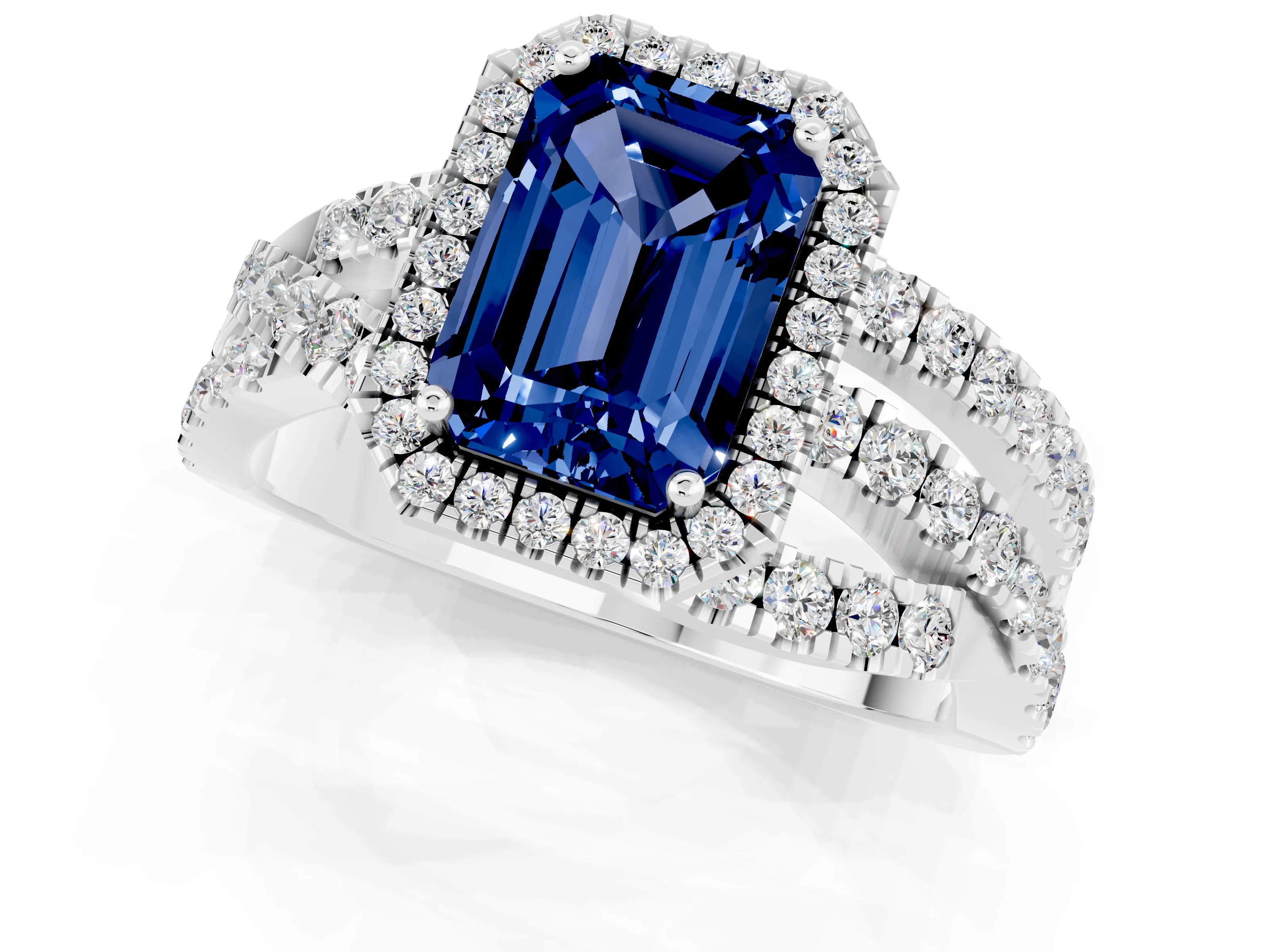 White gold Emerald Cut Cut Halo Split Shank Prong Setting Ring_13