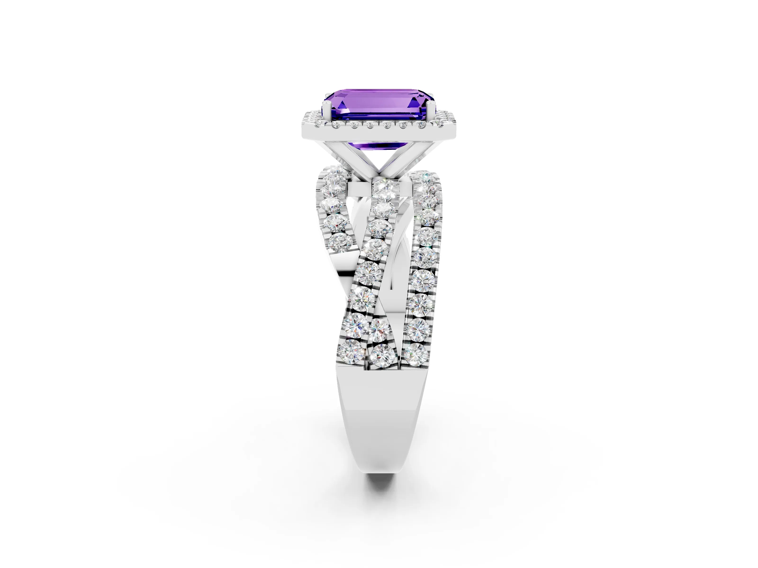 White gold Emerald Cut Cut Halo Split Shank Prong Setting Ring_14