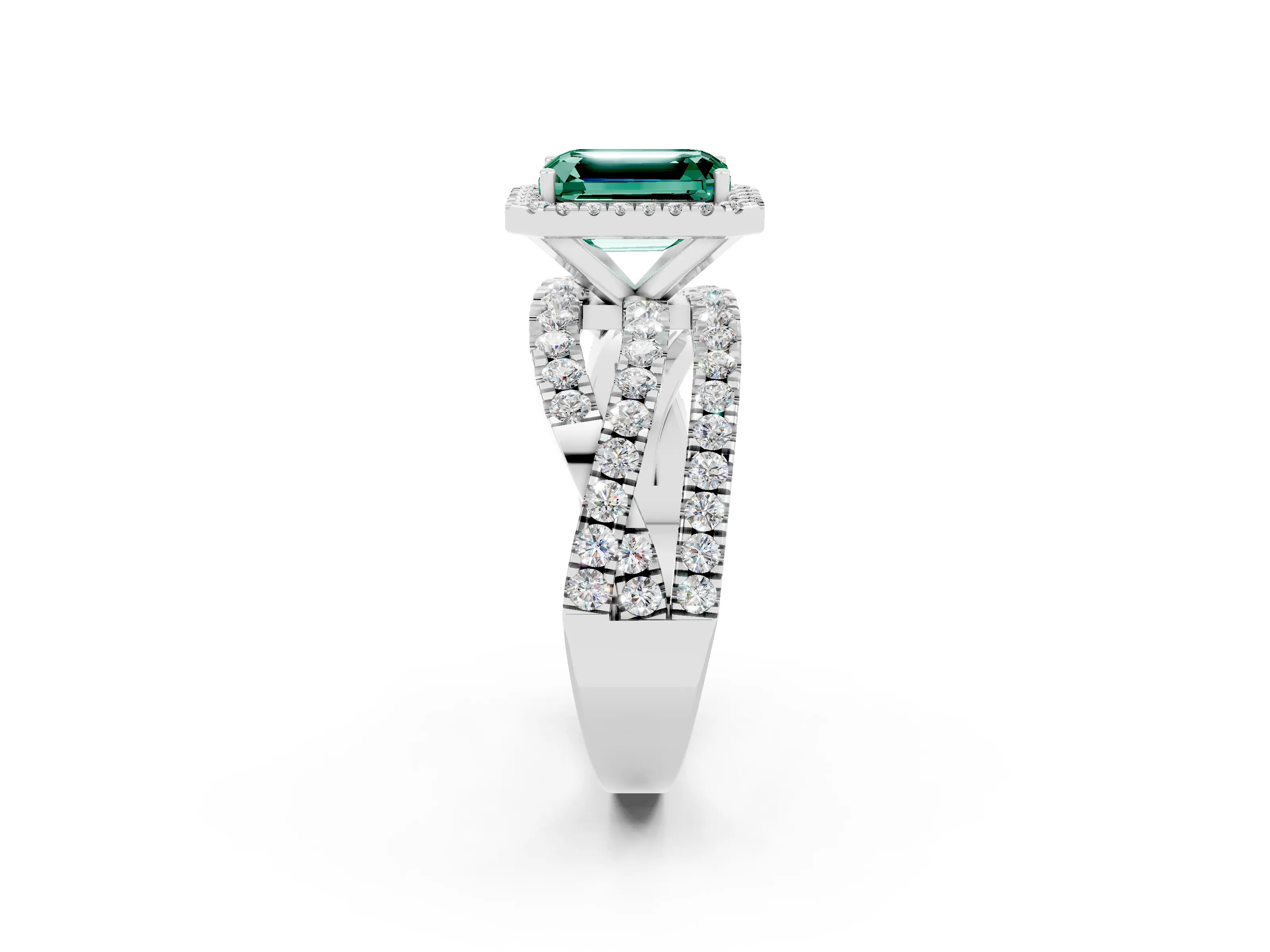 White gold Emerald Cut Cut Halo Split Shank Prong Setting Ring_14