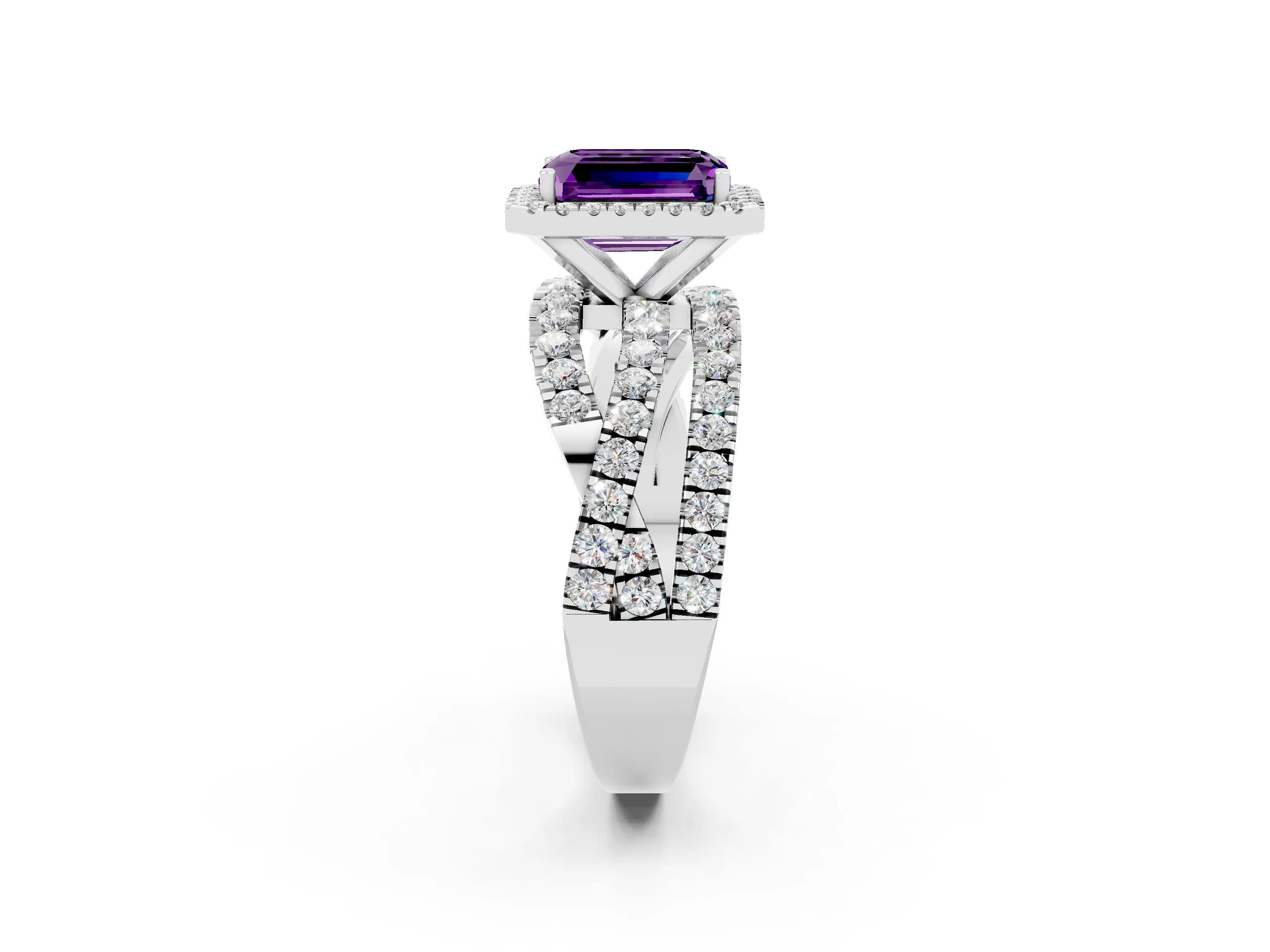 White gold Emerald Cut Cut Halo Split Shank Prong Setting Ring_14