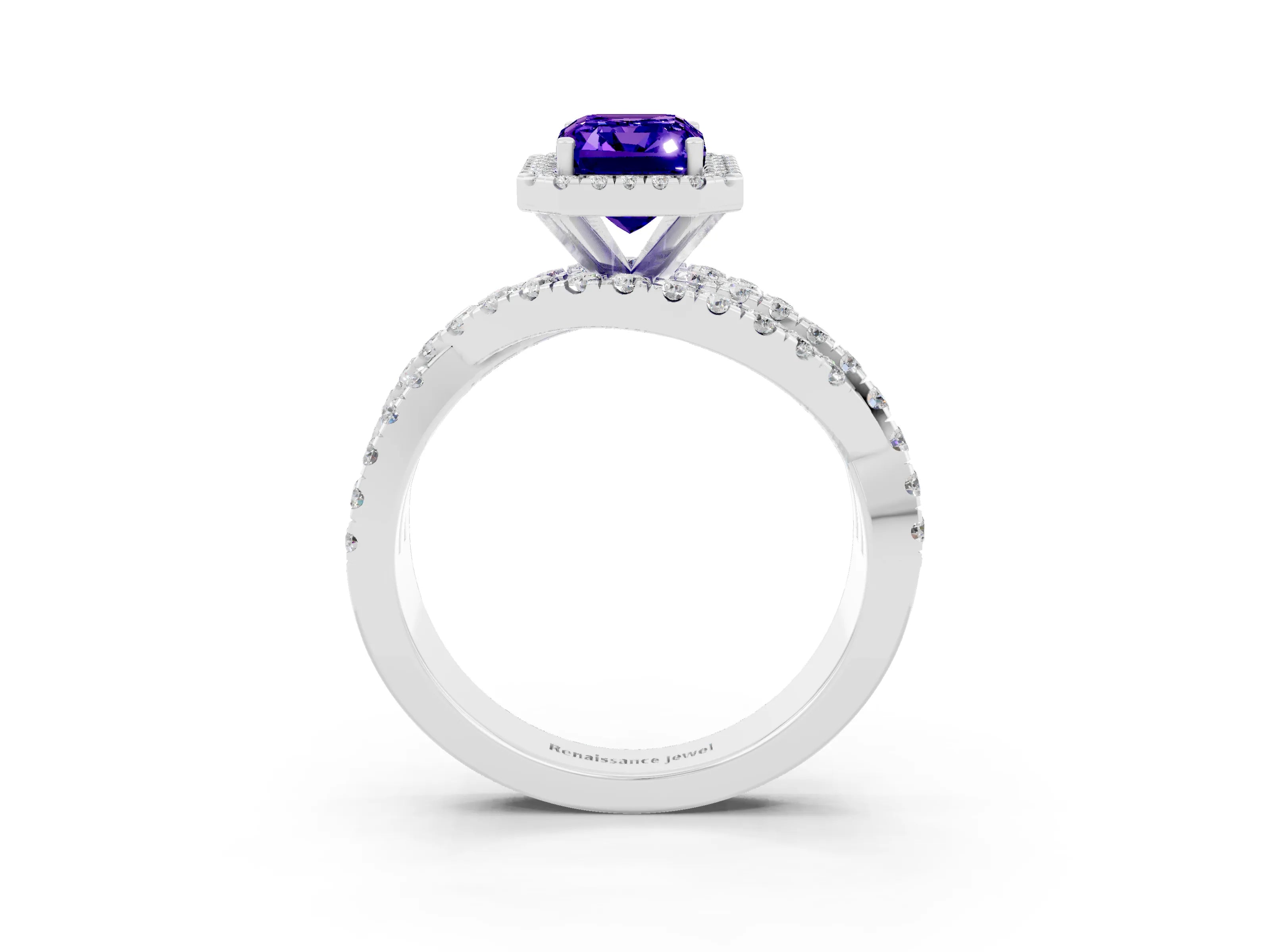 White gold Emerald Cut Cut Halo Split Shank Prong Setting Ring_15