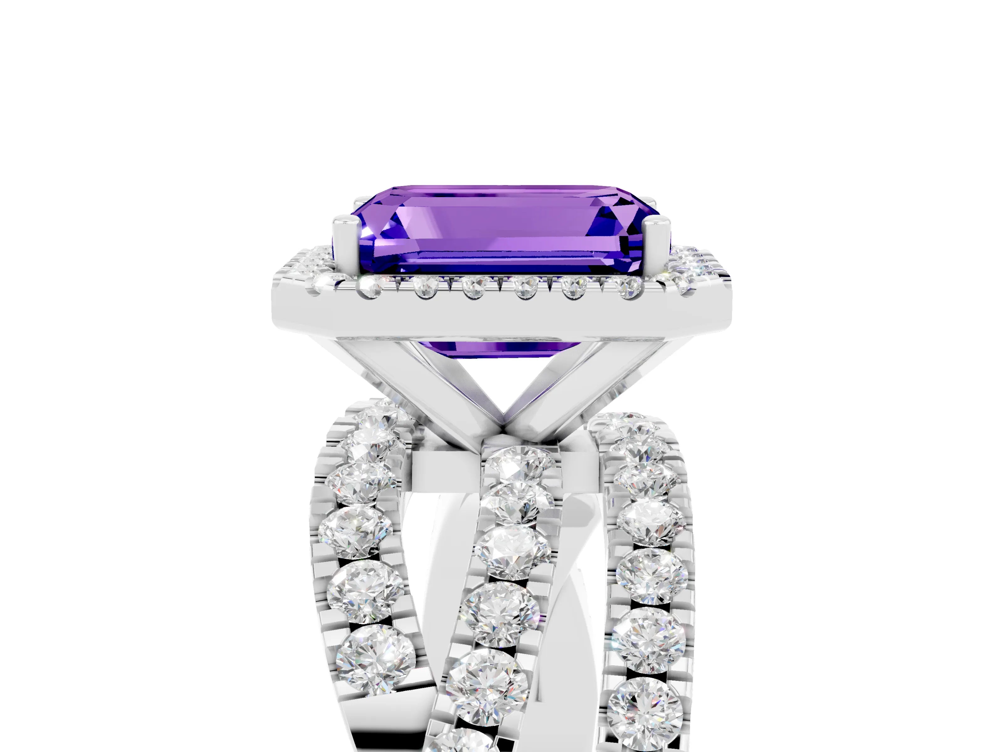 White gold Emerald Cut Cut Halo Split Shank Prong Setting Ring_17