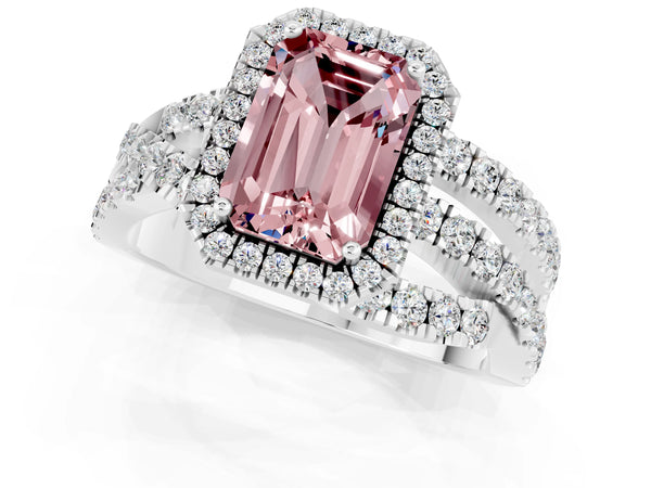 Silver Emerald Cut Cut Halo Split Shank Prong Setting Ring