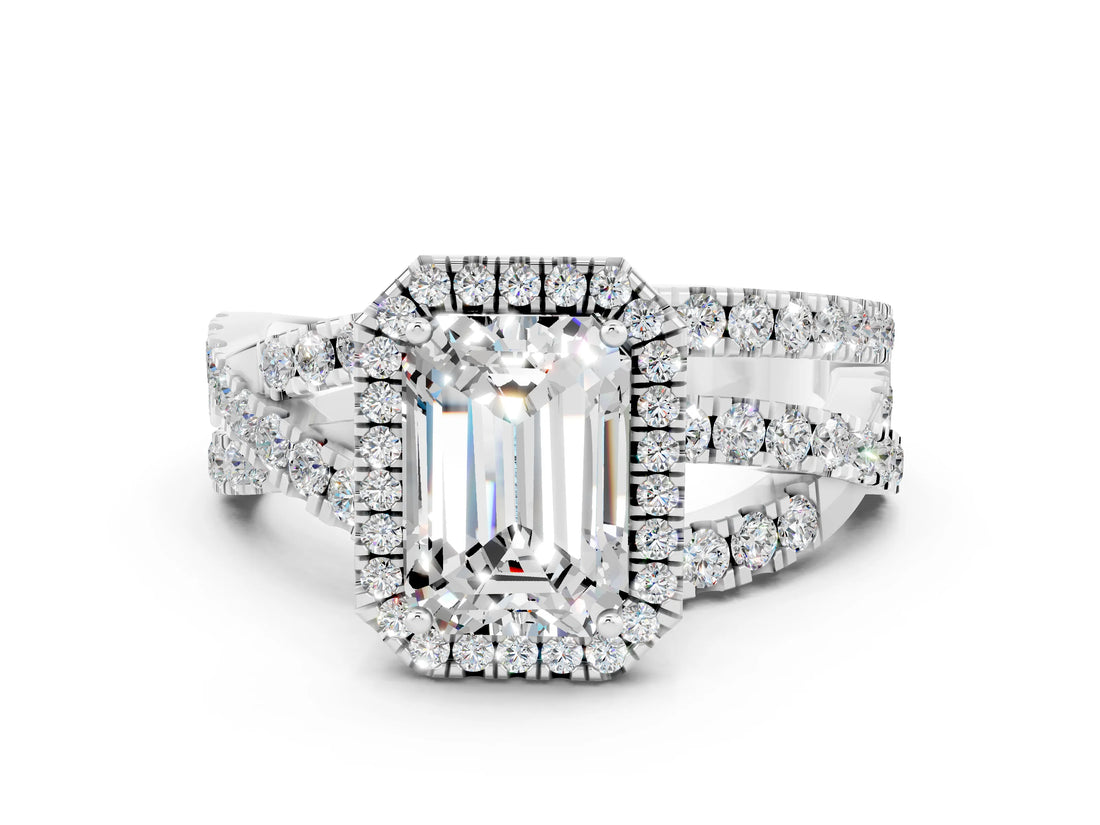 White gold Emerald Cut Cut Halo Split Shank Prong Setting Ring_24