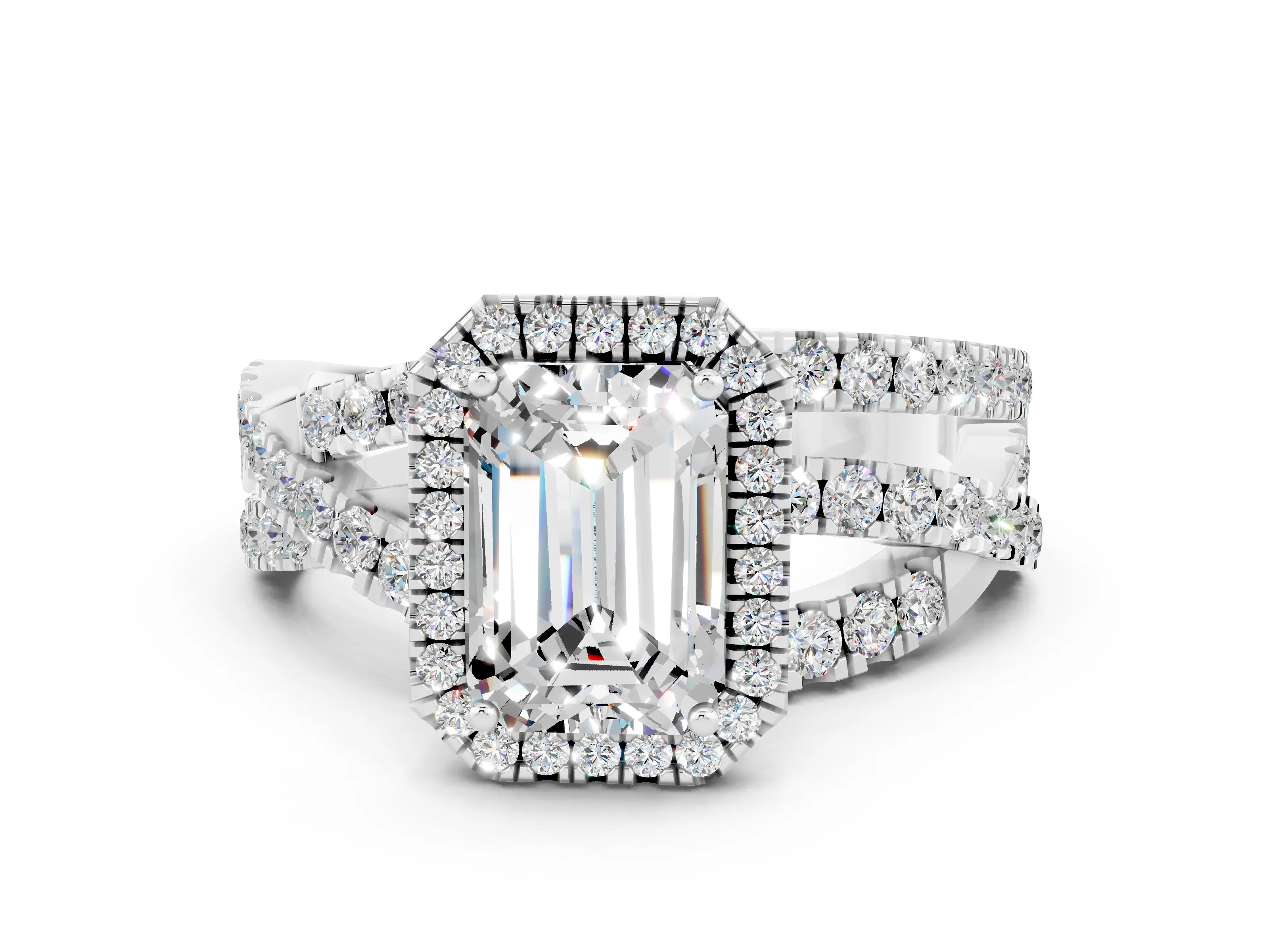 White gold Emerald Cut Cut Halo Split Shank Prong Setting Ring_24