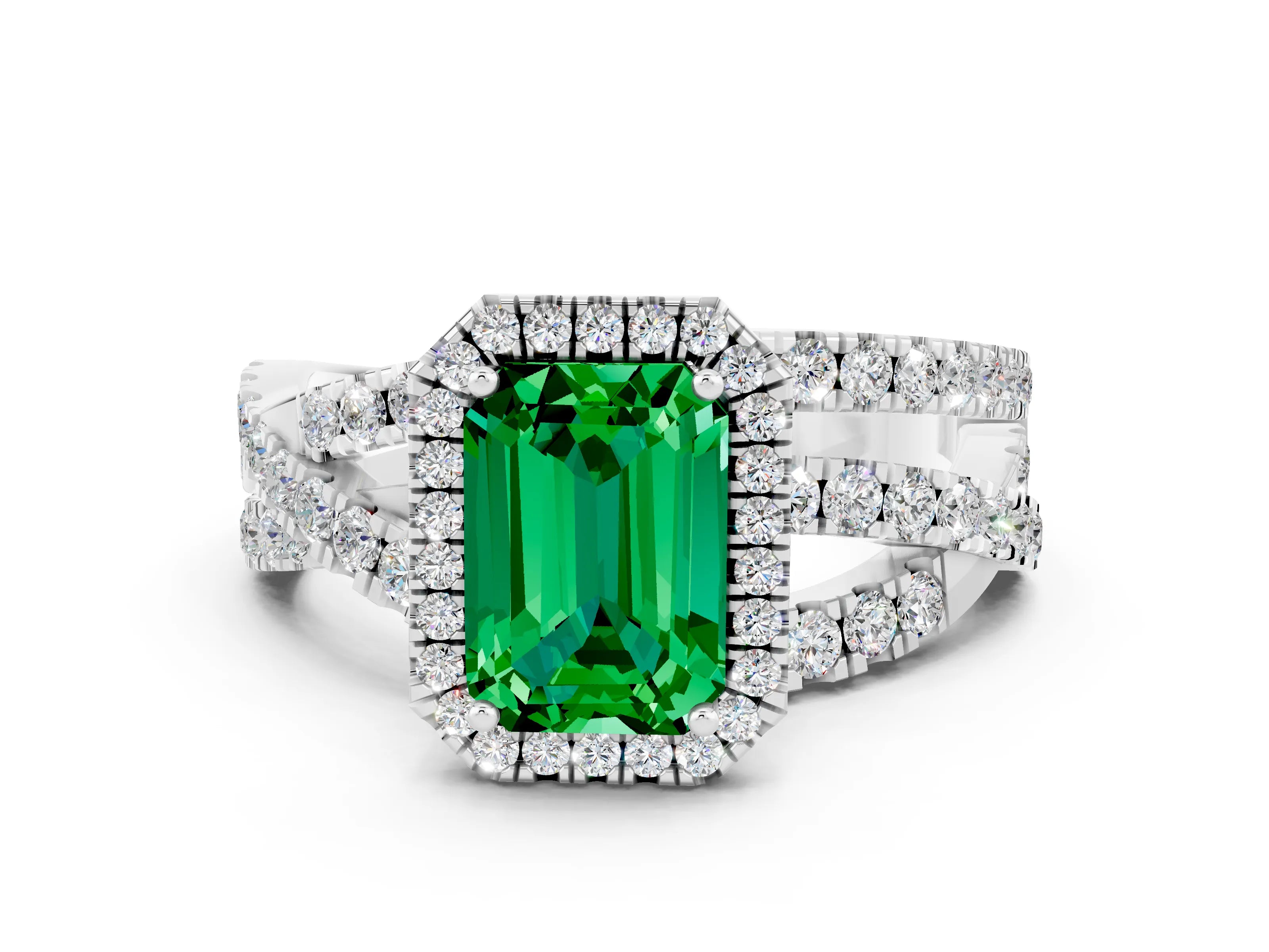 White gold Emerald Cut Cut Halo Split Shank Prong Setting Ring_24