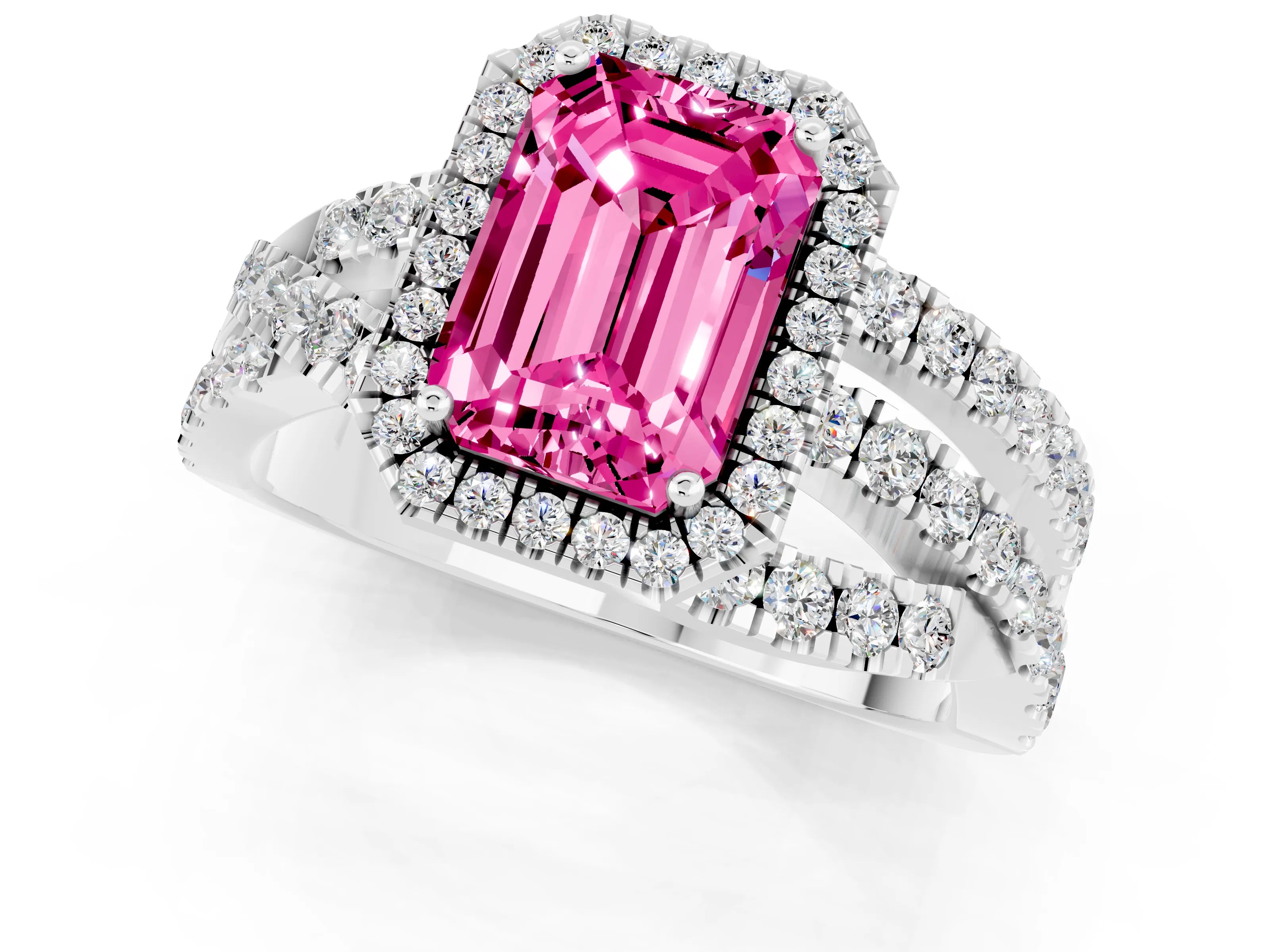 White gold Emerald Cut Cut Halo Split Shank Prong Setting Ring_25