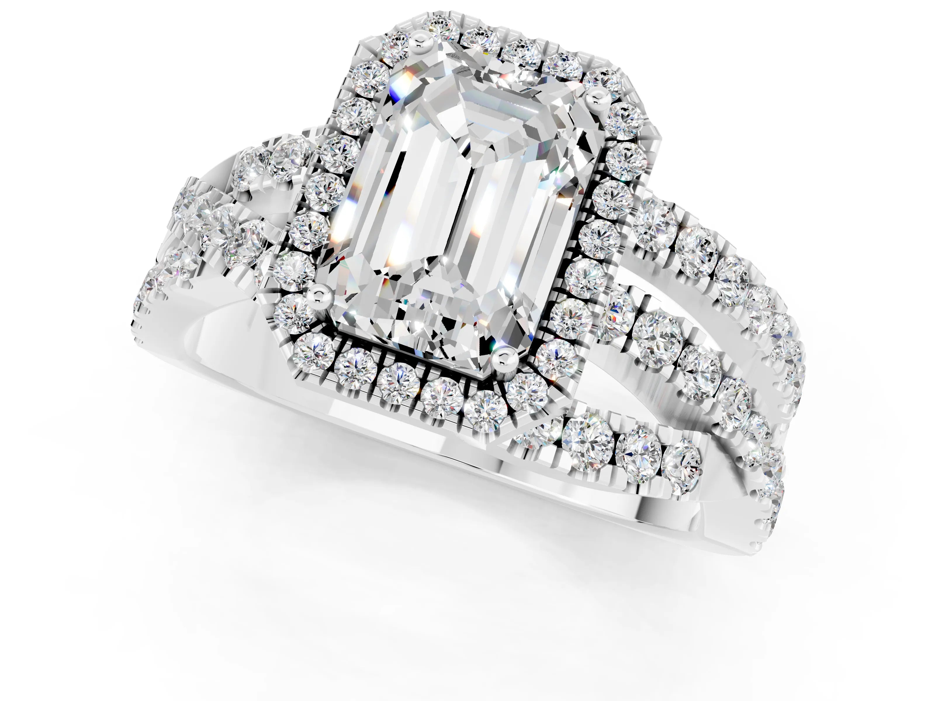 White gold Emerald Cut Cut Halo Split Shank Prong Setting Ring_25