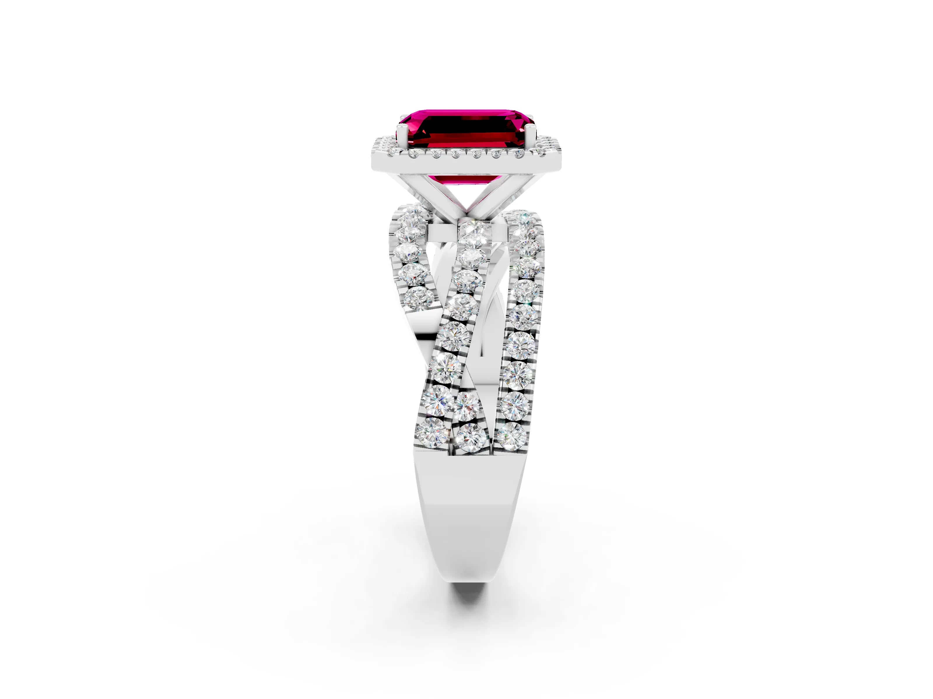 White gold Emerald Cut Cut Halo Split Shank Prong Setting Ring_26