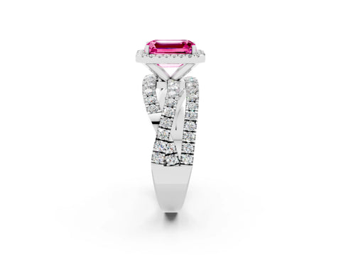 White gold Emerald Cut Cut Halo Split Shank Prong Setting Ring_26