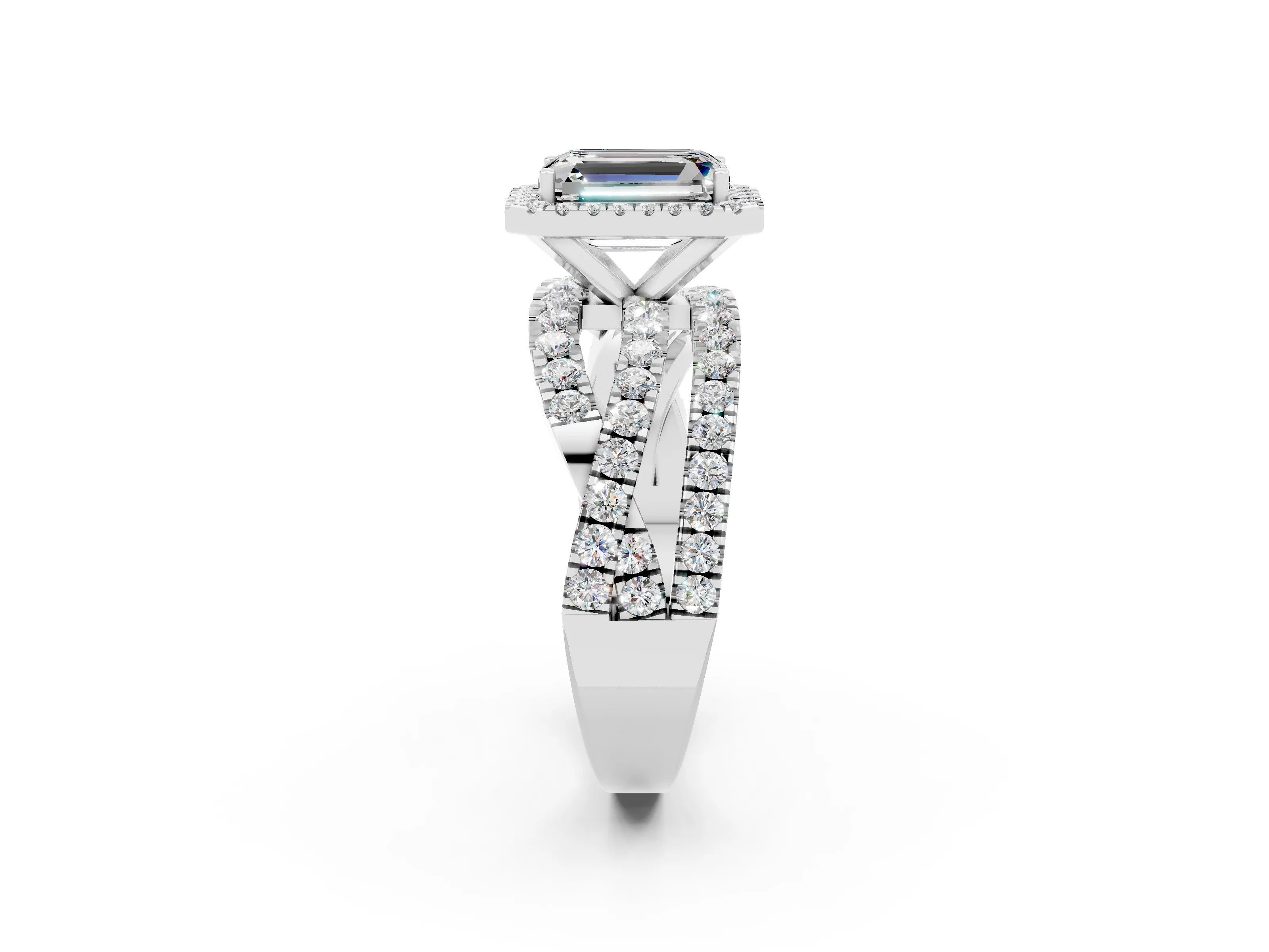 White gold Emerald Cut Cut Halo Split Shank Prong Setting Ring_26
