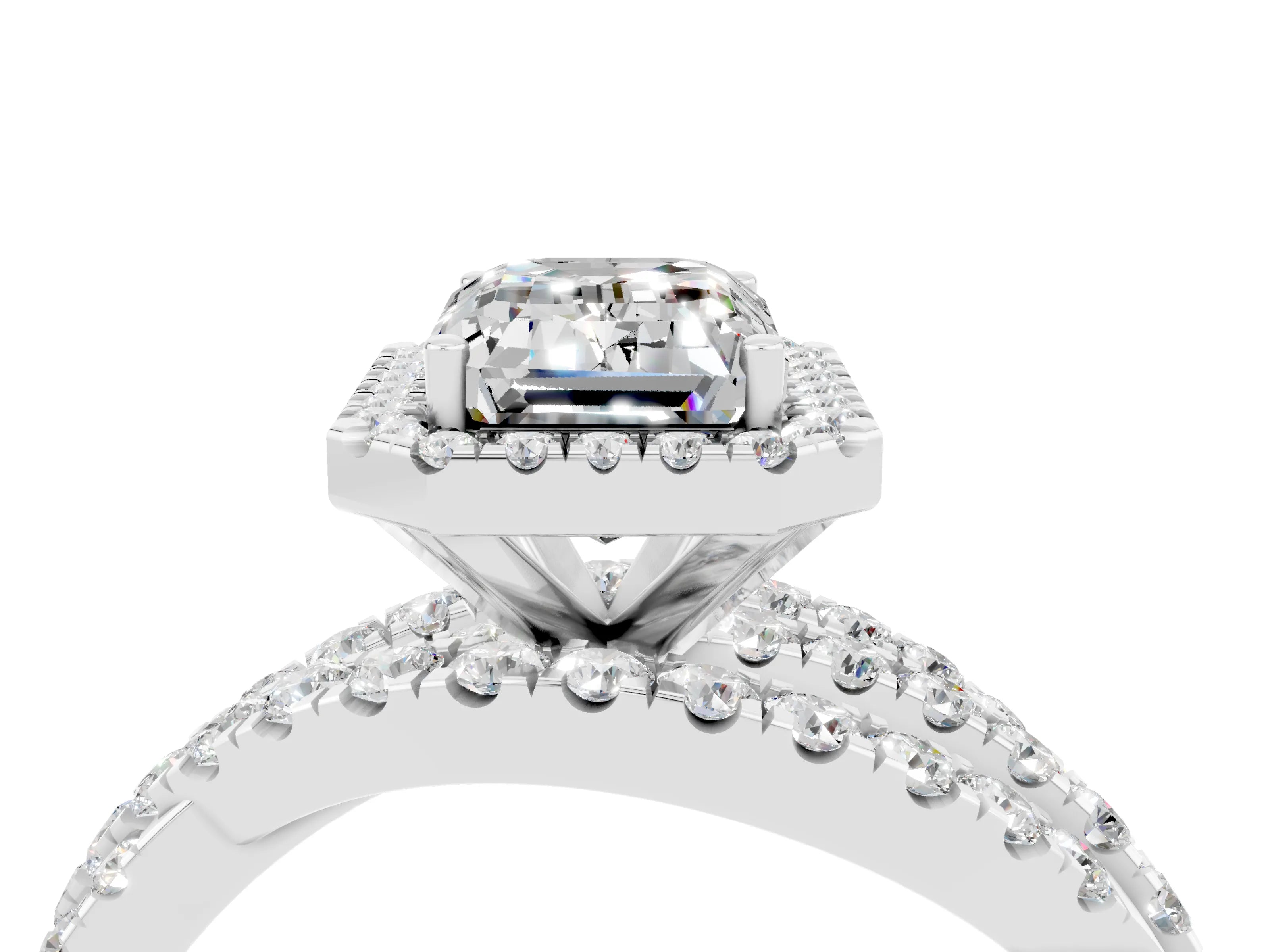 White gold Emerald Cut Cut Halo Split Shank Prong Setting Ring_28