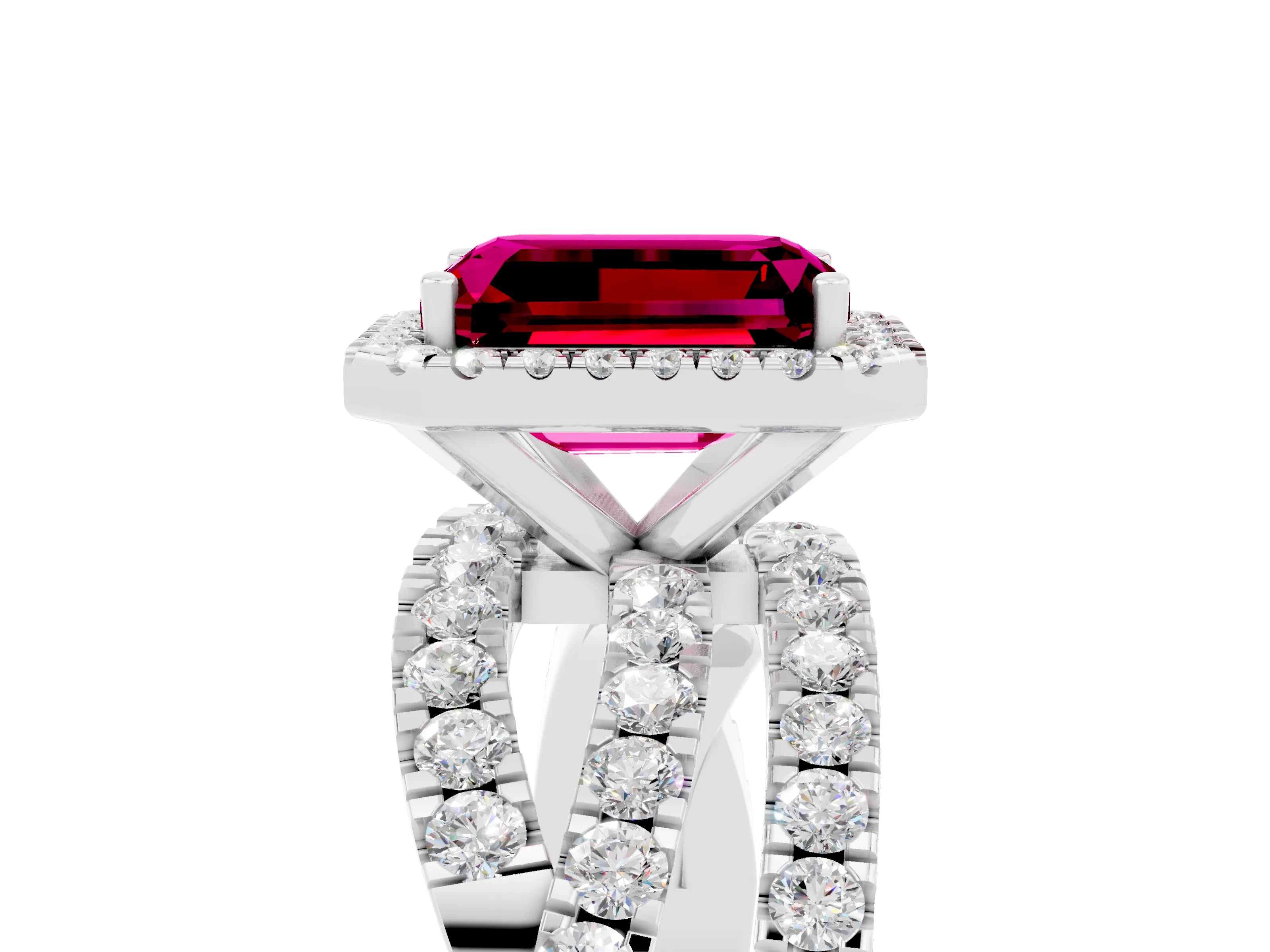 White gold Emerald Cut Cut Halo Split Shank Prong Setting Ring_29