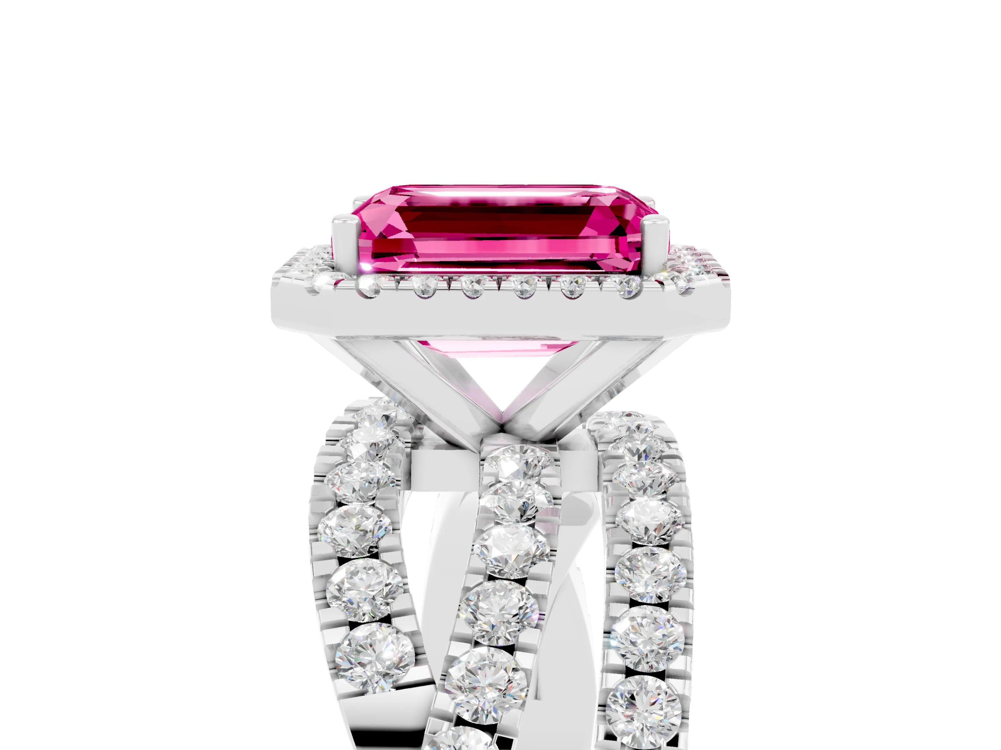 White gold Emerald Cut Cut Halo Split Shank Prong Setting Ring_29