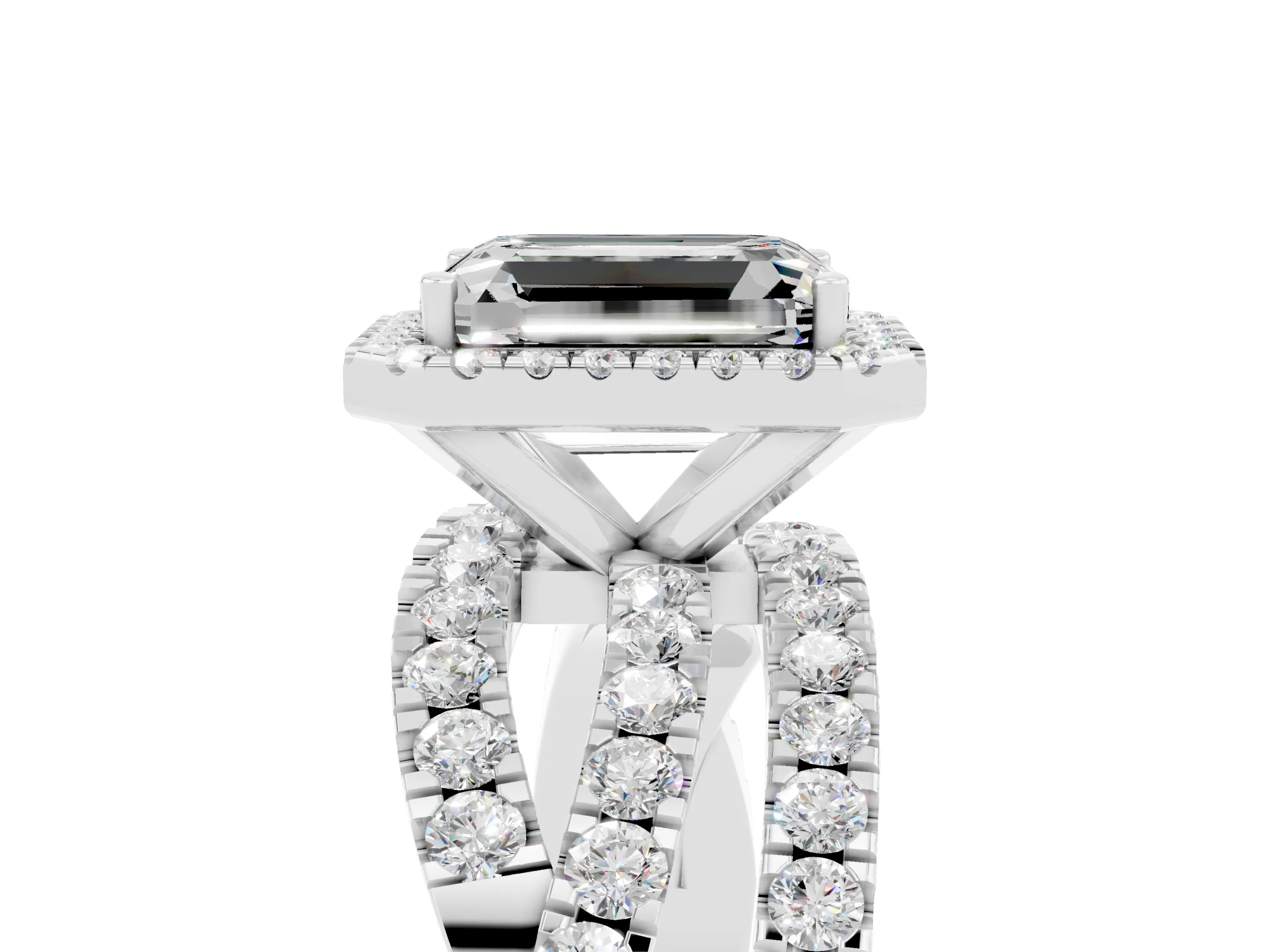 White gold Emerald Cut Cut Halo Split Shank Prong Setting Ring_29