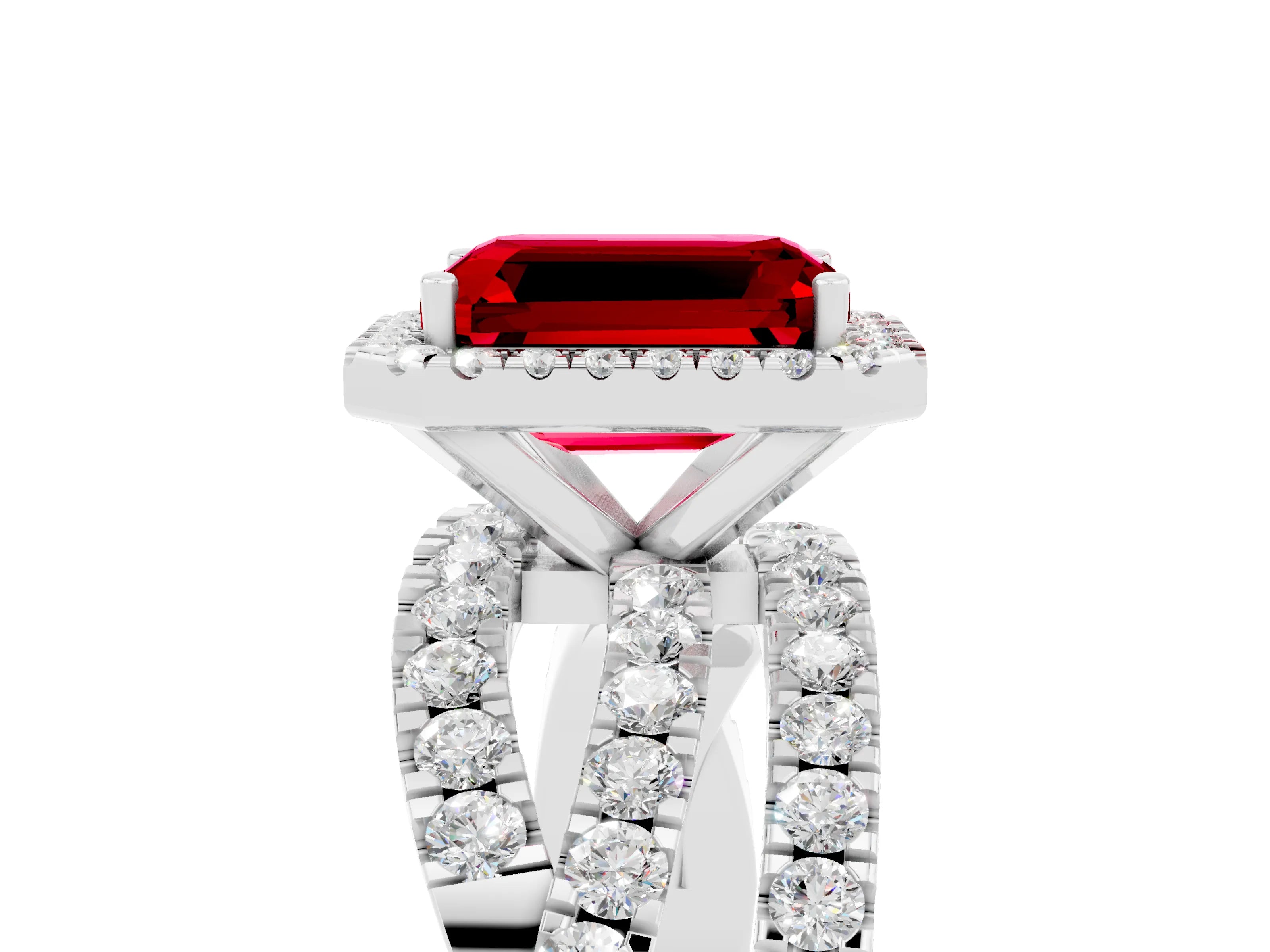 White gold Emerald Cut Cut Halo Split Shank Prong Setting Ring_29