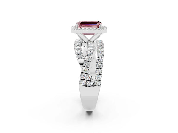 Silver Emerald Cut Cut Halo Split Shank Prong Setting Ring