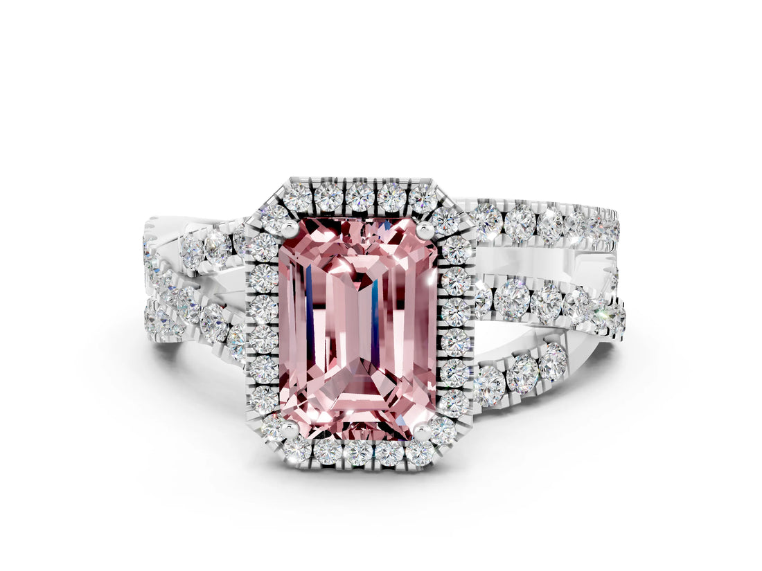 White gold Emerald Cut Cut Halo Split Shank Prong Setting Ring_30