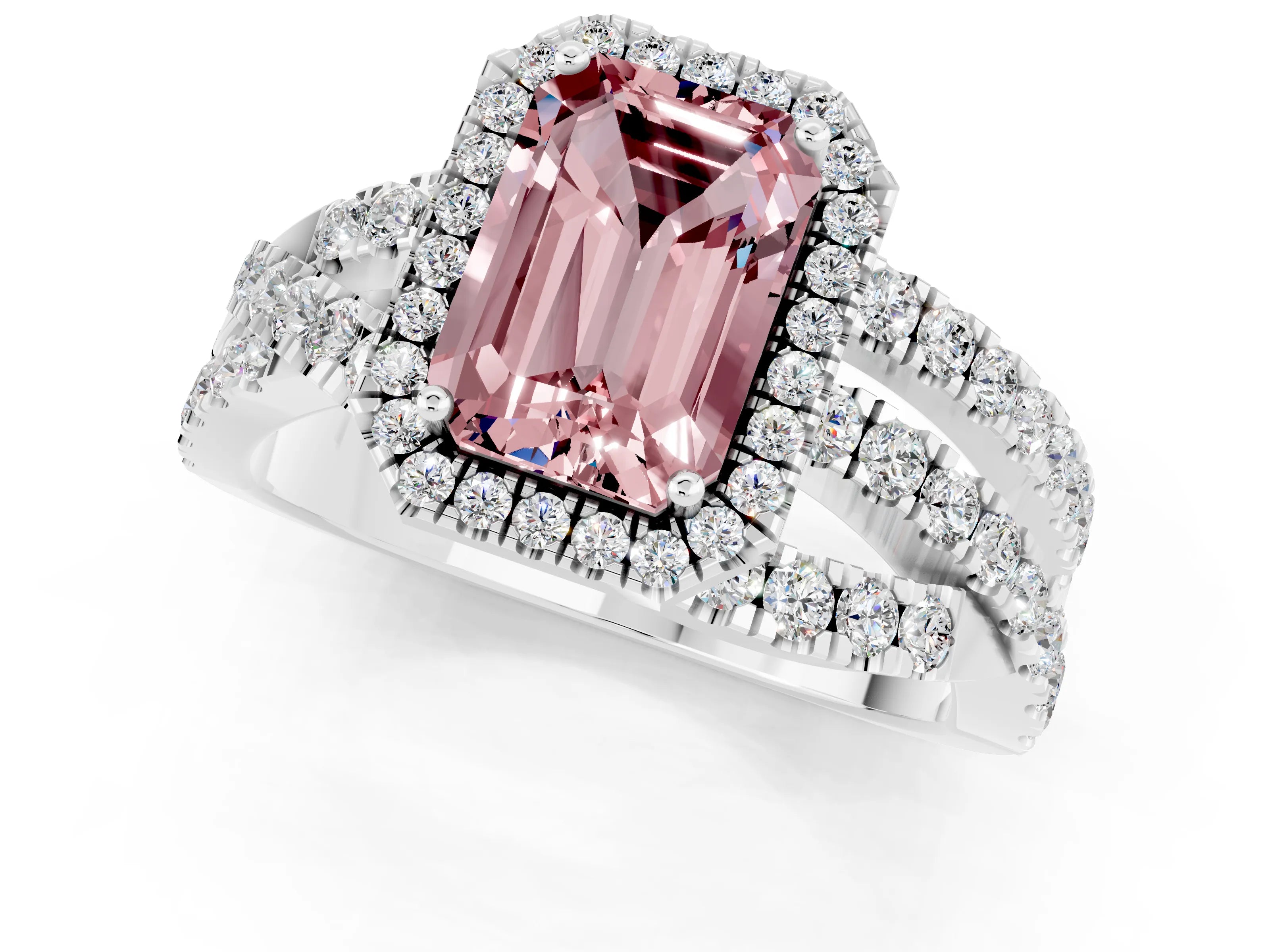 White gold Emerald Cut Cut Halo Split Shank Prong Setting Ring_31