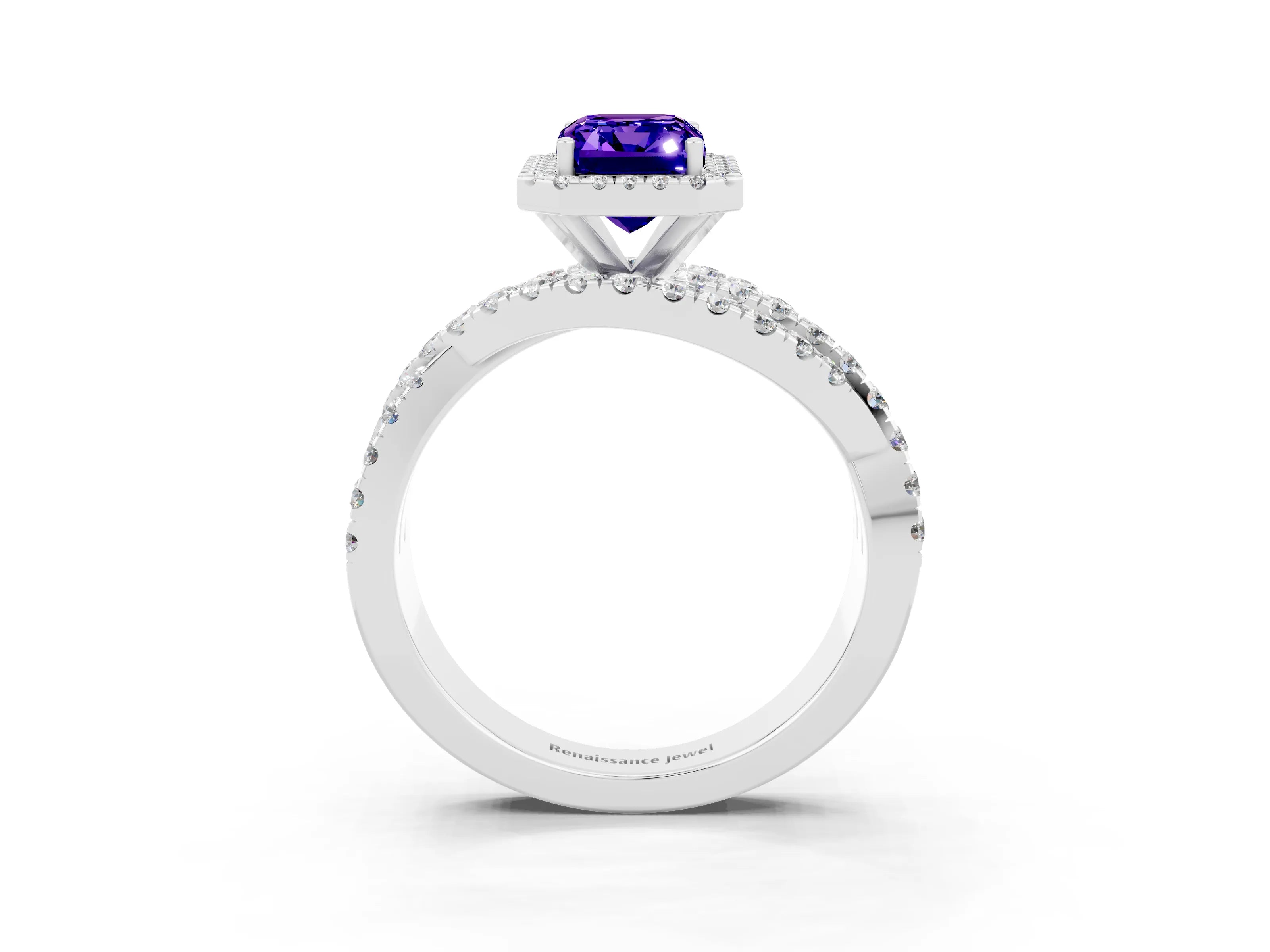 White gold Emerald Cut Cut Halo Split Shank Prong Setting Ring_3