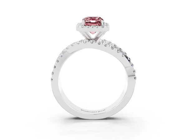 Silver Emerald Cut Cut Halo Split Shank Prong Setting Ring