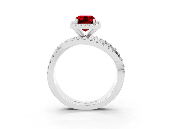 Silver Emerald Cut Cut Halo Split Shank Prong Setting Ring