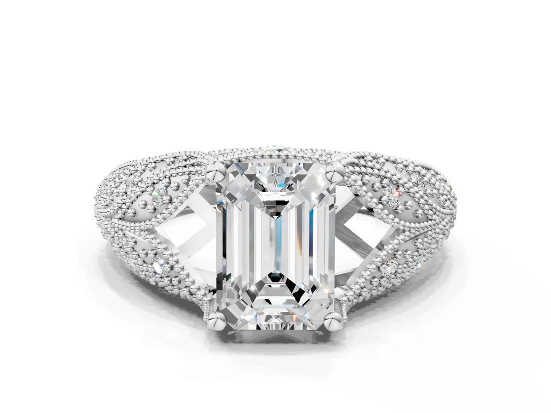 White gold Emerald Cut Cut Milgrain Pave Diamond Engagement Ring with Four-Prong Setting_15