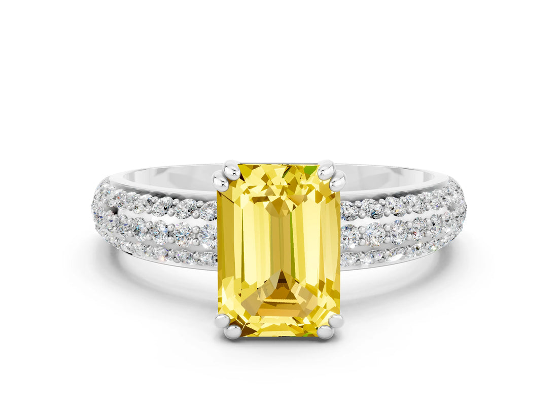 White gold Emerald Cut Cut Pave Diamond Engagement Ring with Channel Set Band and Four-Prong Setting