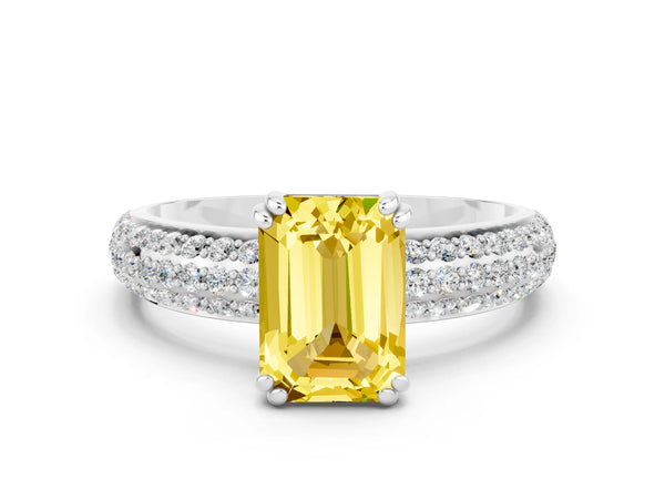 Platinum Emerald Cut Yellow Sapphire Solitaire Ring with Multi-Row Round Pavé Band and Prong Setting