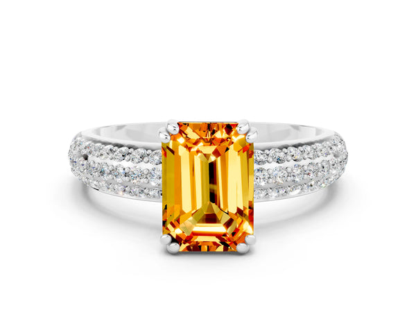 Silver Emerald Cut Citrine Solitaire Ring with Multi-Row Round Pavé Band and Prong Setting