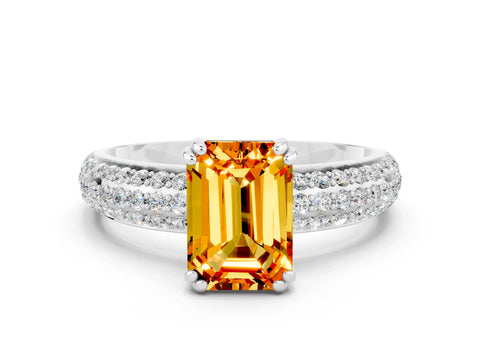 White gold Emerald Cut Cut Pave Diamond Engagement Ring with Channel Set Band and Four-Prong Setting