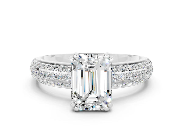 Platinum Emerald Cut Moissanite Solitaire Ring with Multi-Row Round Pavé Band and Prong Setting
