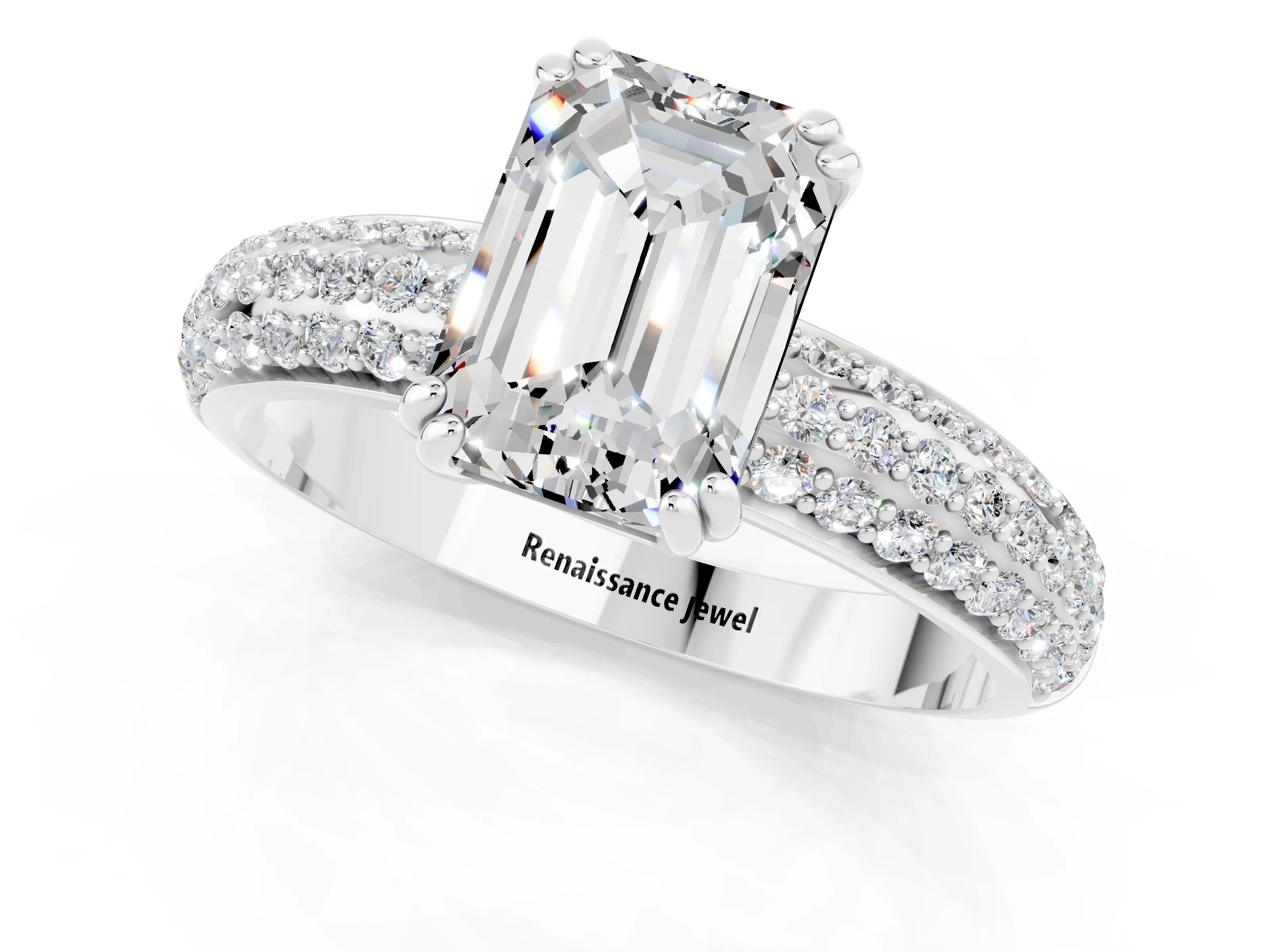 White gold Emerald Cut Cut Pave Diamond Engagement Ring with Channel Set Band and Four-Prong Setting_1