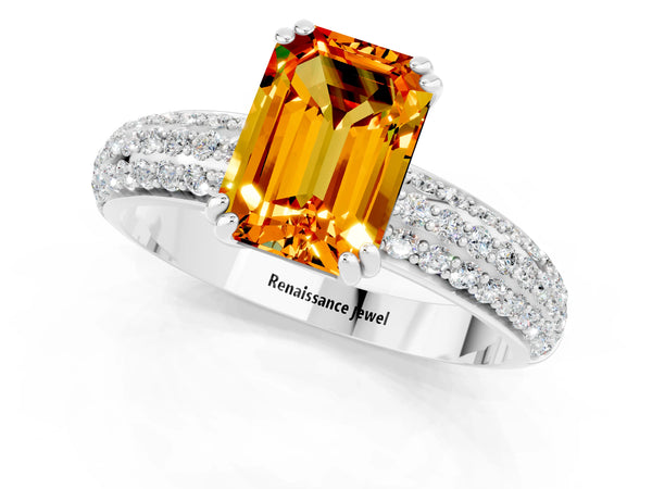 Silver Emerald Cut Citrine Solitaire Ring with Multi-Row Round Pavé Band and Prong Setting