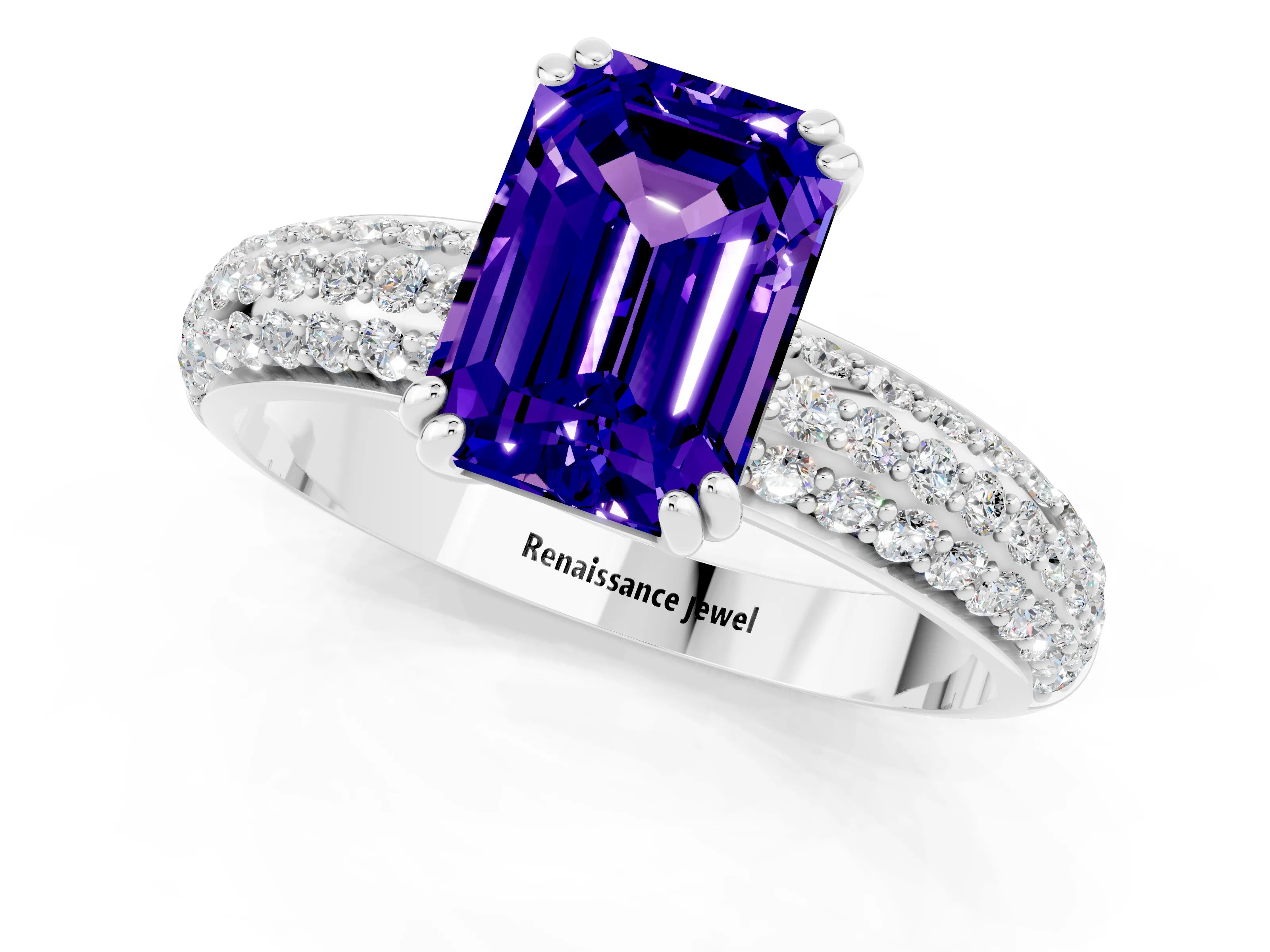 White gold Emerald Cut Cut Pave Diamond Engagement Ring with Channel Set Band and Four-Prong Setting_1