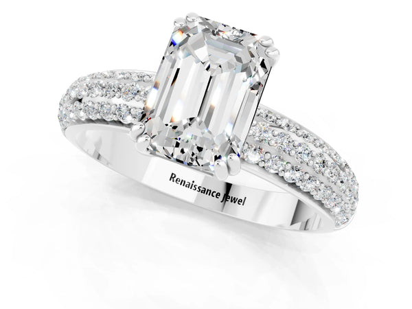 Platinum Emerald Cut Moissanite Solitaire Ring with Multi-Row Round Pavé Band and Prong Setting