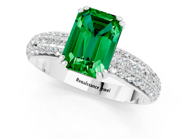 Silver Emerald Cut Emerald Solitaire Ring with Multi-Row Round Pavé Band and Prong Setting