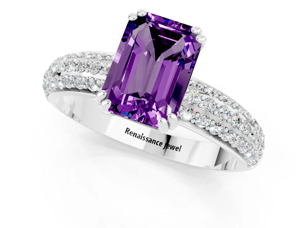 White gold Emerald Cut Amethyst Solitaire Ring with Multi-Row Round Pavé Band and Prong Setting