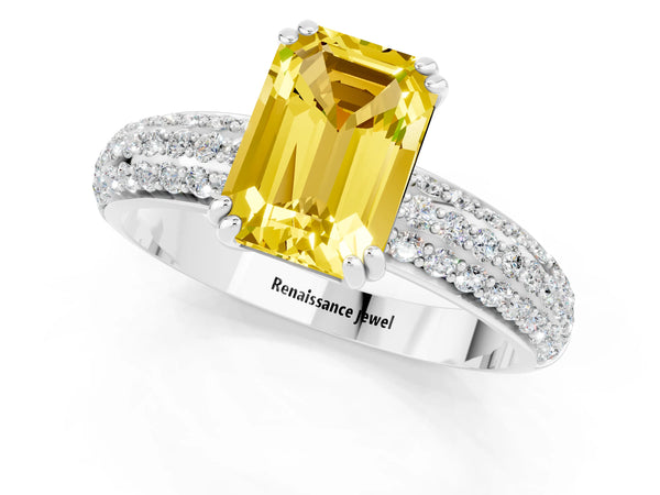 White gold Emerald Cut Yellow Sapphire Solitaire Ring with Multi-Row Round Pavé Band and Prong Setting