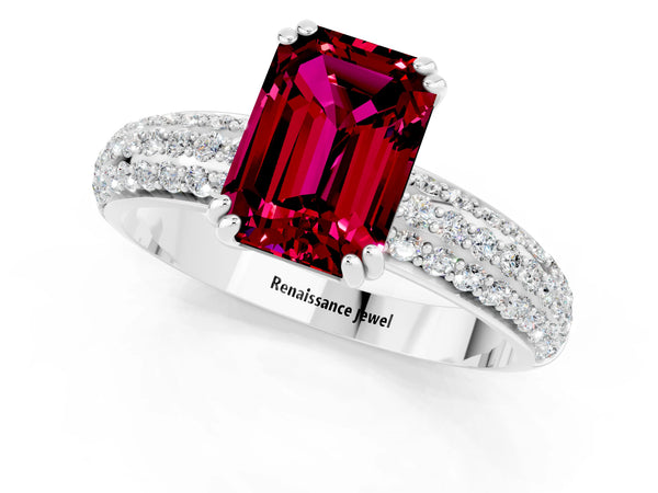 Silver Emerald Cut Garnet Solitaire Ring with Multi-Row Round Pavé Band and Prong Setting