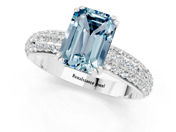 Silver Emerald Cut Aquamarine Solitaire Ring with Multi-Row Round Pavé Band and Prong Setting