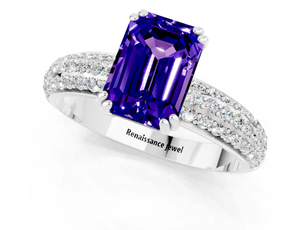 Platinum Emerald Cut Tanzanite Solitaire Ring with Multi-Row Round Pavé Band and Prong Setting