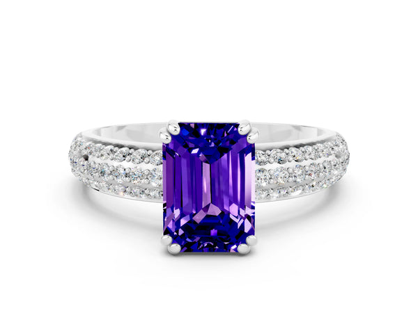 Platinum Emerald Cut Tanzanite Solitaire Ring with Multi-Row Round Pavé Band and Prong Setting