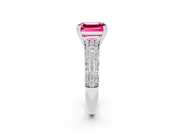Silver Emerald Cut Pink Sapphire Solitaire Ring with Multi-Row Round Pavé Band and Prong Setting