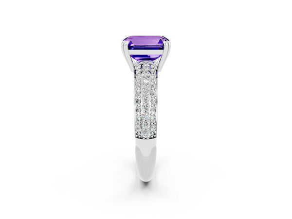 Silver Emerald Cut Tanzanite Solitaire Ring with Multi-Row Round Pavé Band and Prong Setting